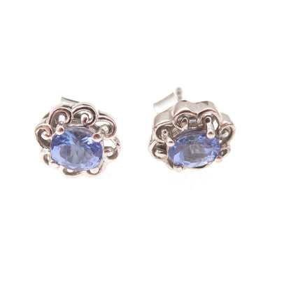 Chuck Clemency 925 Sterling Silver Real Oval-Cut Tanzanite Flower Stud Earrings