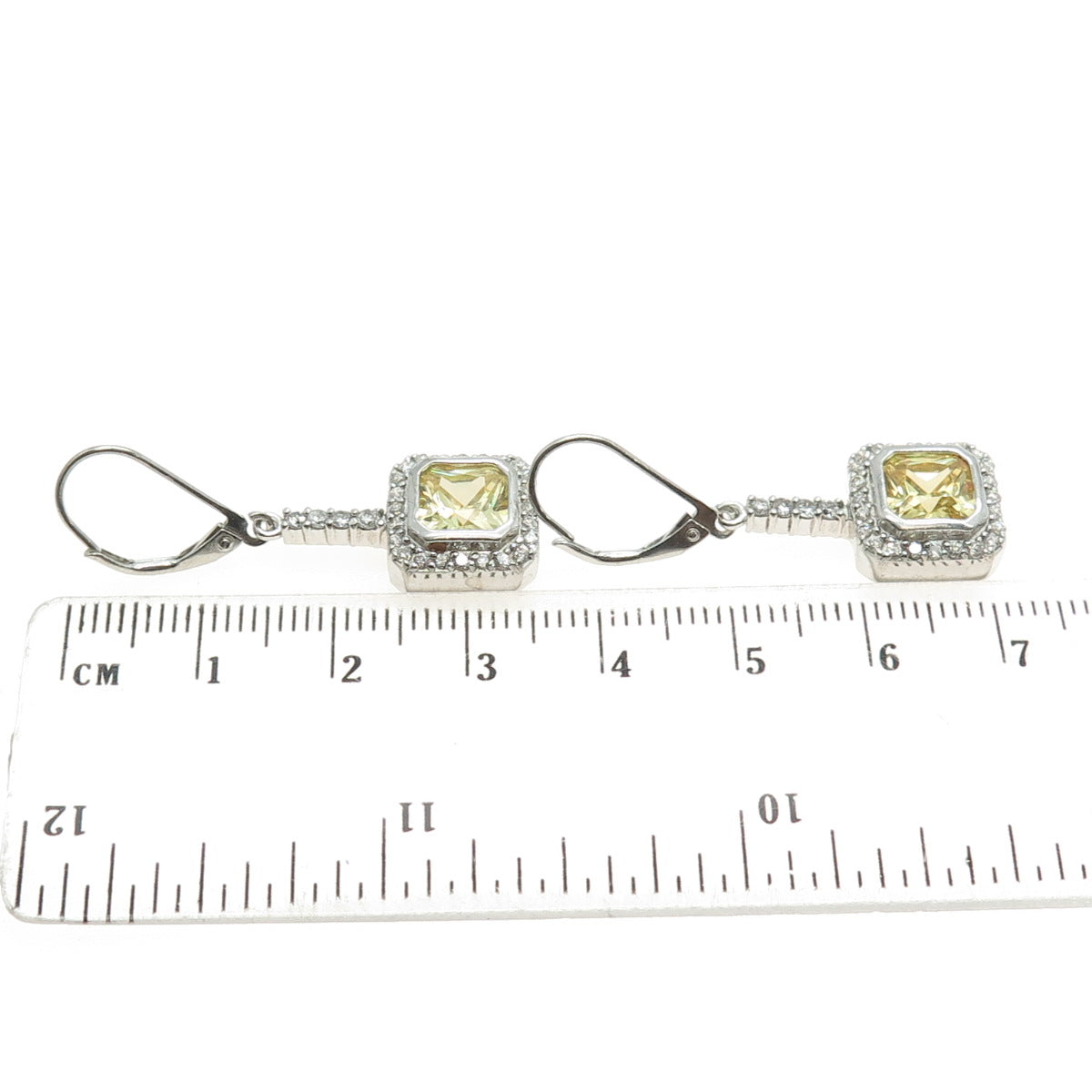 925 Sterling Silver Princess & Round-Cut Canary White C Z Dangling Earrings