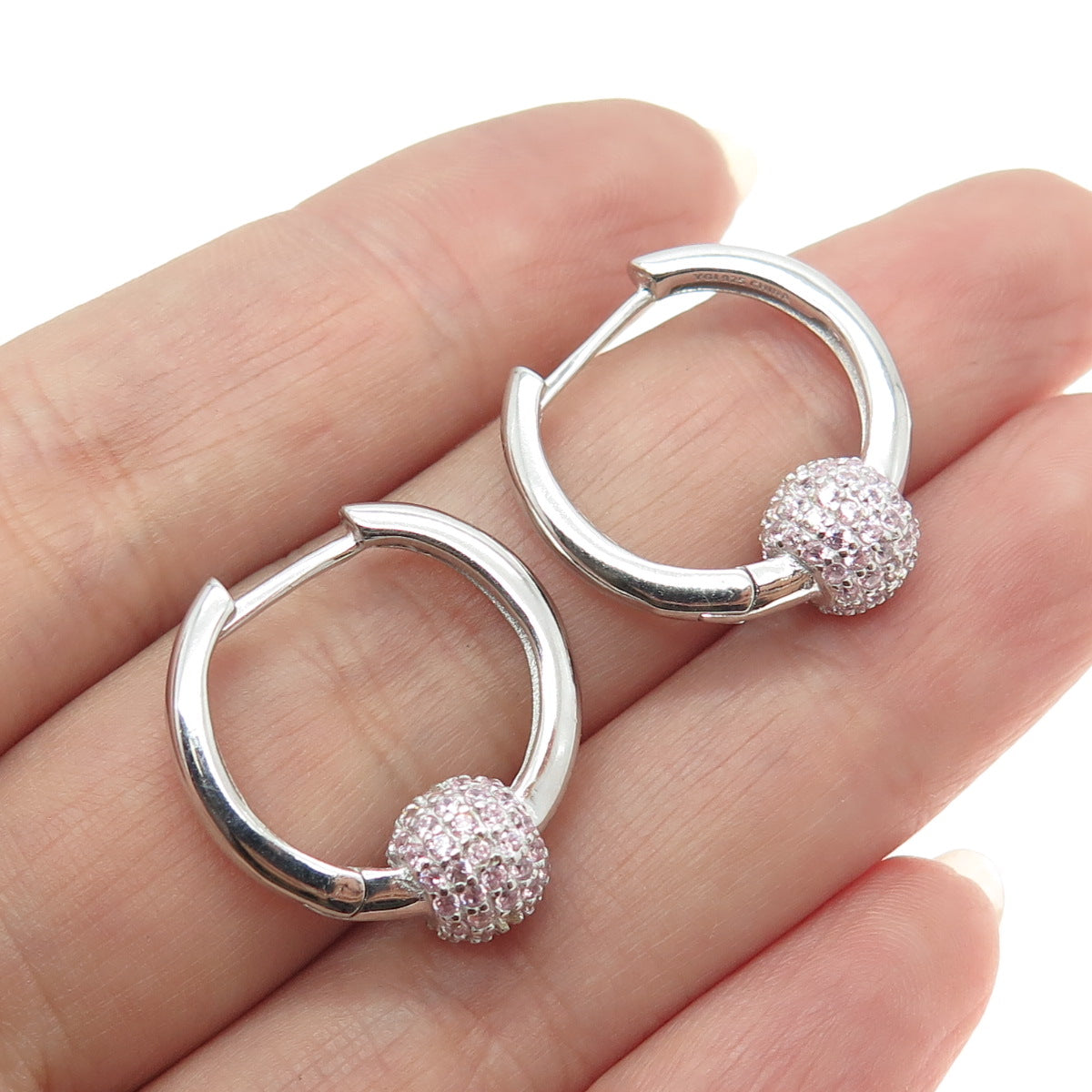 925 Sterling Silver Pink C Z Huggie Earrings