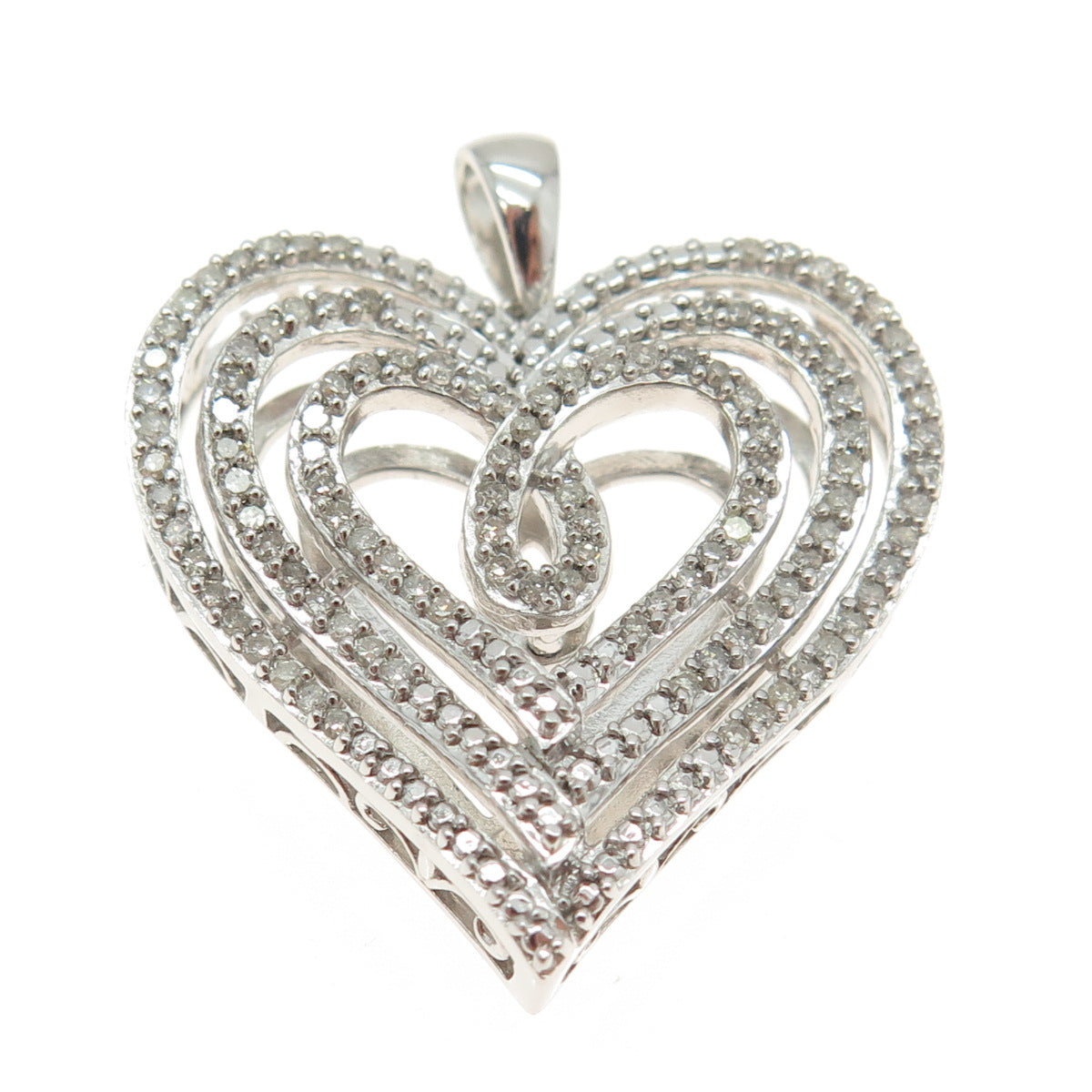 SUN 925 Sterling Silver Real Round-Cut Diamond Sparkle Heart Pendant