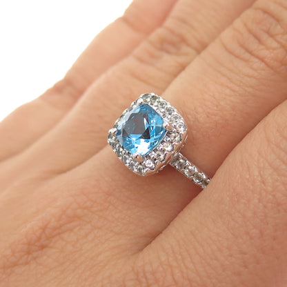 925 Sterling Silver Real Cushion-Cut Blue & Round-Cut White Topaz Ring Size 7