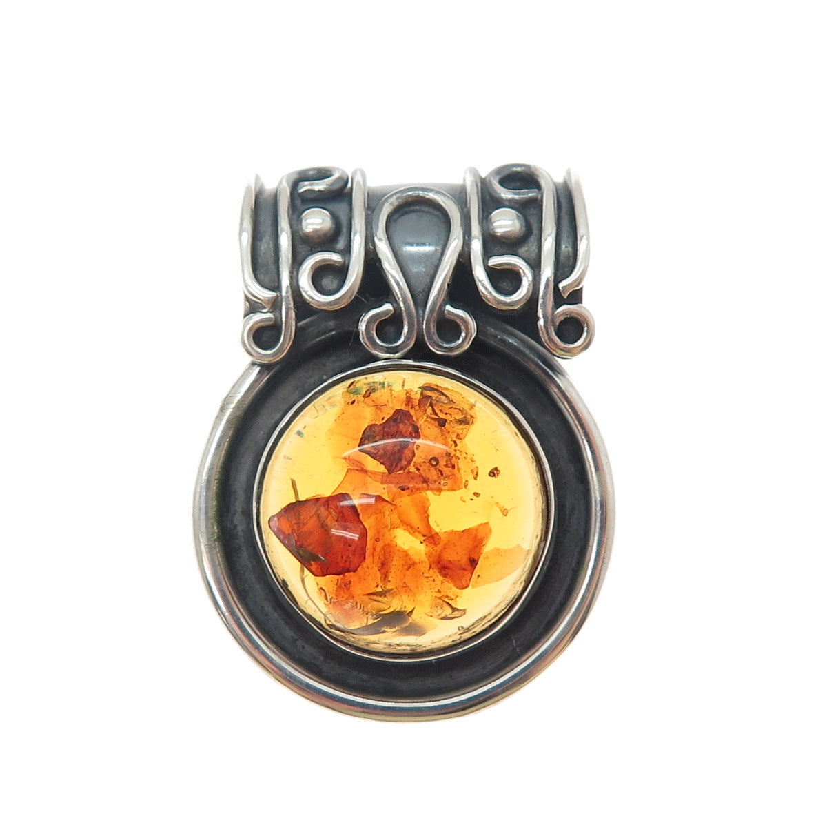 925 Sterling Silver Vintage MAC Artisan Real Amber Oxidized Slide Charm Pendant
