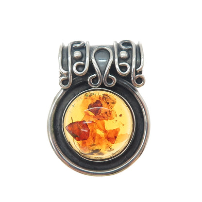 925 Sterling Silver Vintage MAC Artisan Real Amber Oxidized Slide Charm Pendant