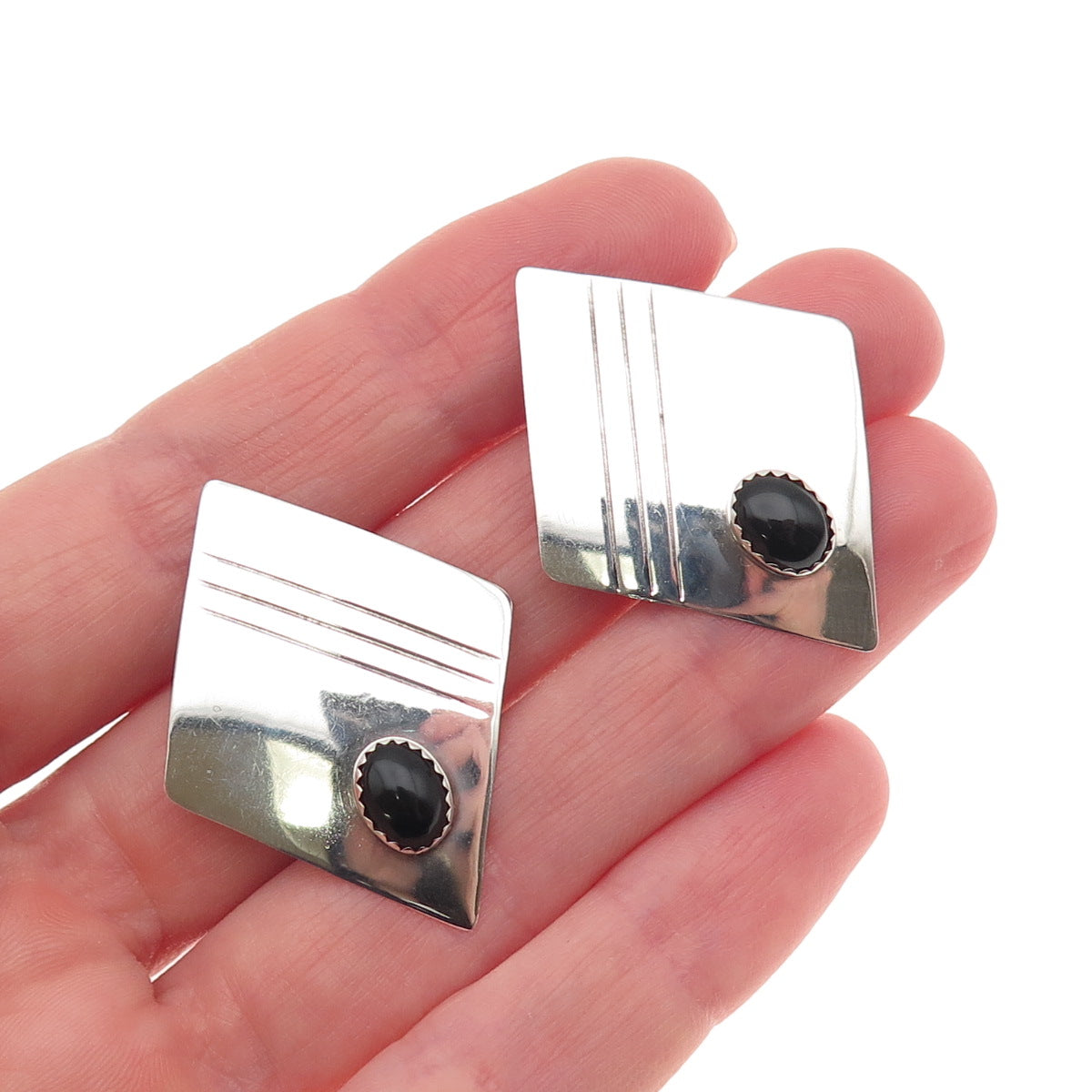 Old Pawn 925 Sterling Silver Vintage Southwestern Black Onyx Tribal Earrings