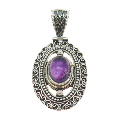 925 Sterling Silver Vintage Real Cabochon Amethyst Swirl Oxidized Pendant