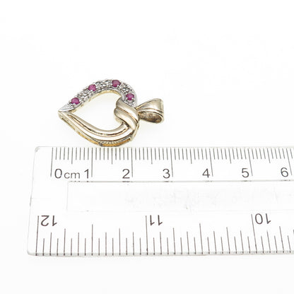 925 Sterling Silver Gold Plated Vintage Real Diamond & Ruby Heart Charm Pendant