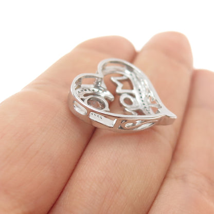 925 Sterling Silver Real Round-Cut Diamond & White Topaz Mom Heart Slide Pendant