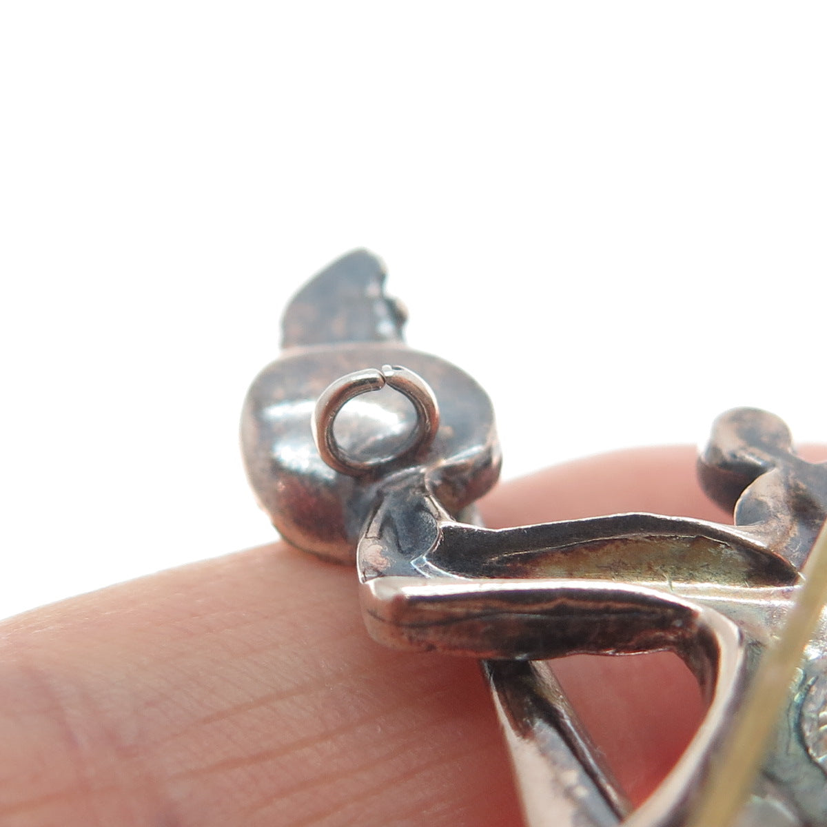 M SLATER Sterling Antique Shell Opalite Harlequin Brooch (missing 9 rhinestones)