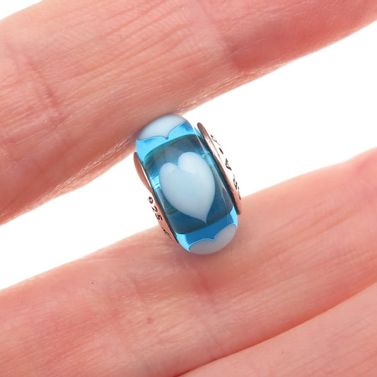 Pandora 925 Sterling Silver Blue Murano Glass Heart Slide Bead Charm