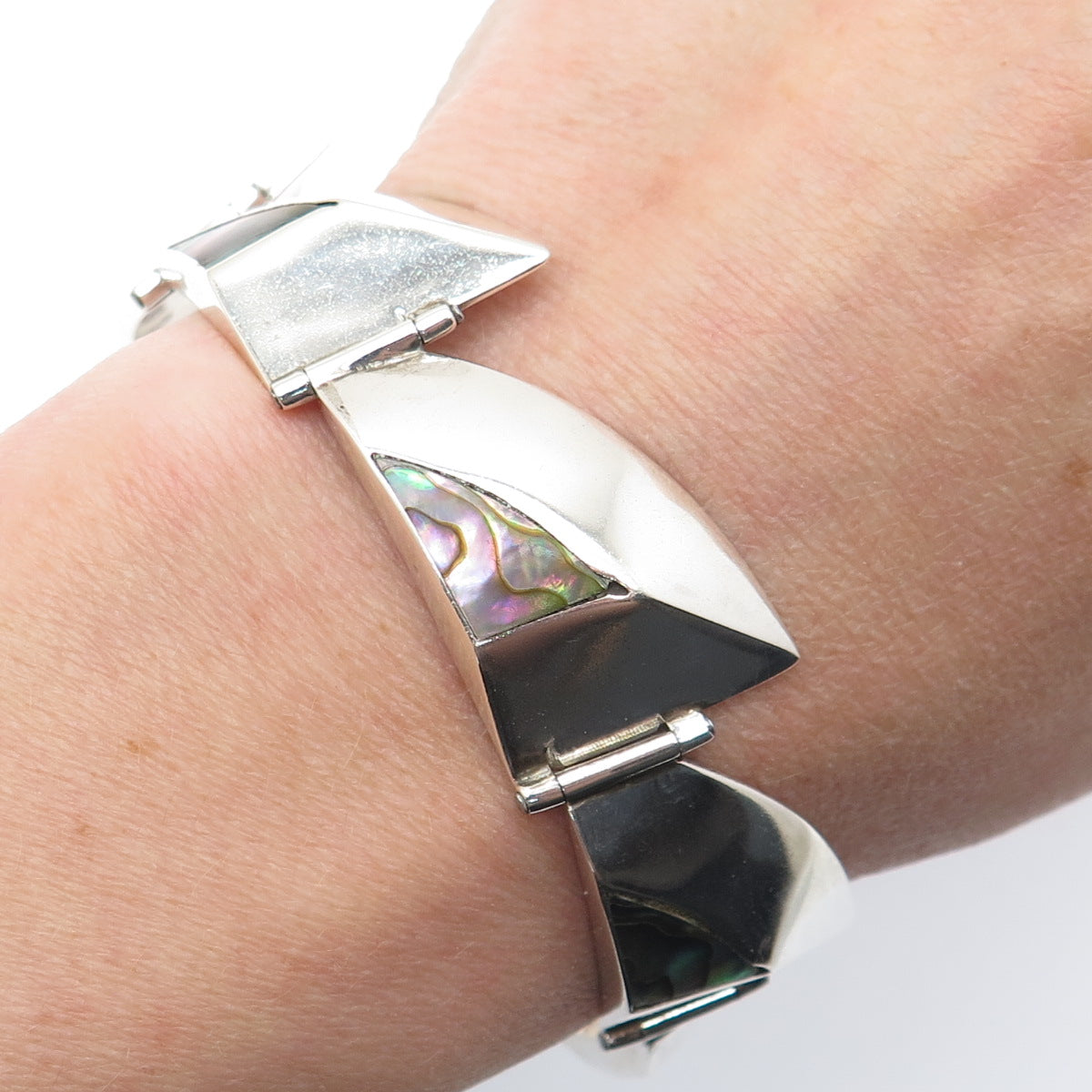 925 Sterling Silver Vintage Mexico Real Abalone Shell Modernist Bracelet 6"