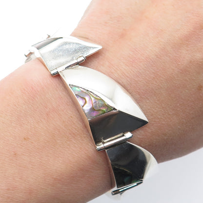 925 Sterling Silver Vintage Mexico Real Abalone Shell Modernist Bracelet 6"