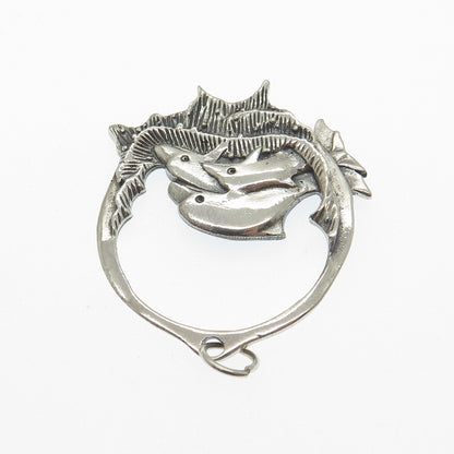 925 Sterling Silver Vintage Dolphin Family Oxidized Pendant
