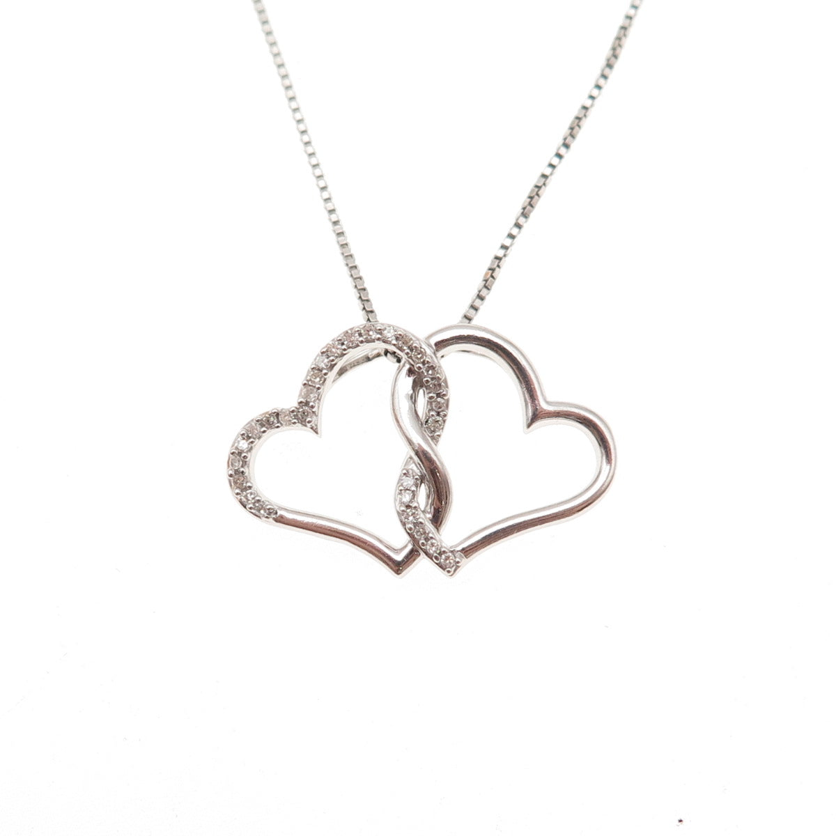 Hallmark 925 Sterling Silver Real Diamond Couple Heart Box Chain Necklace 18"