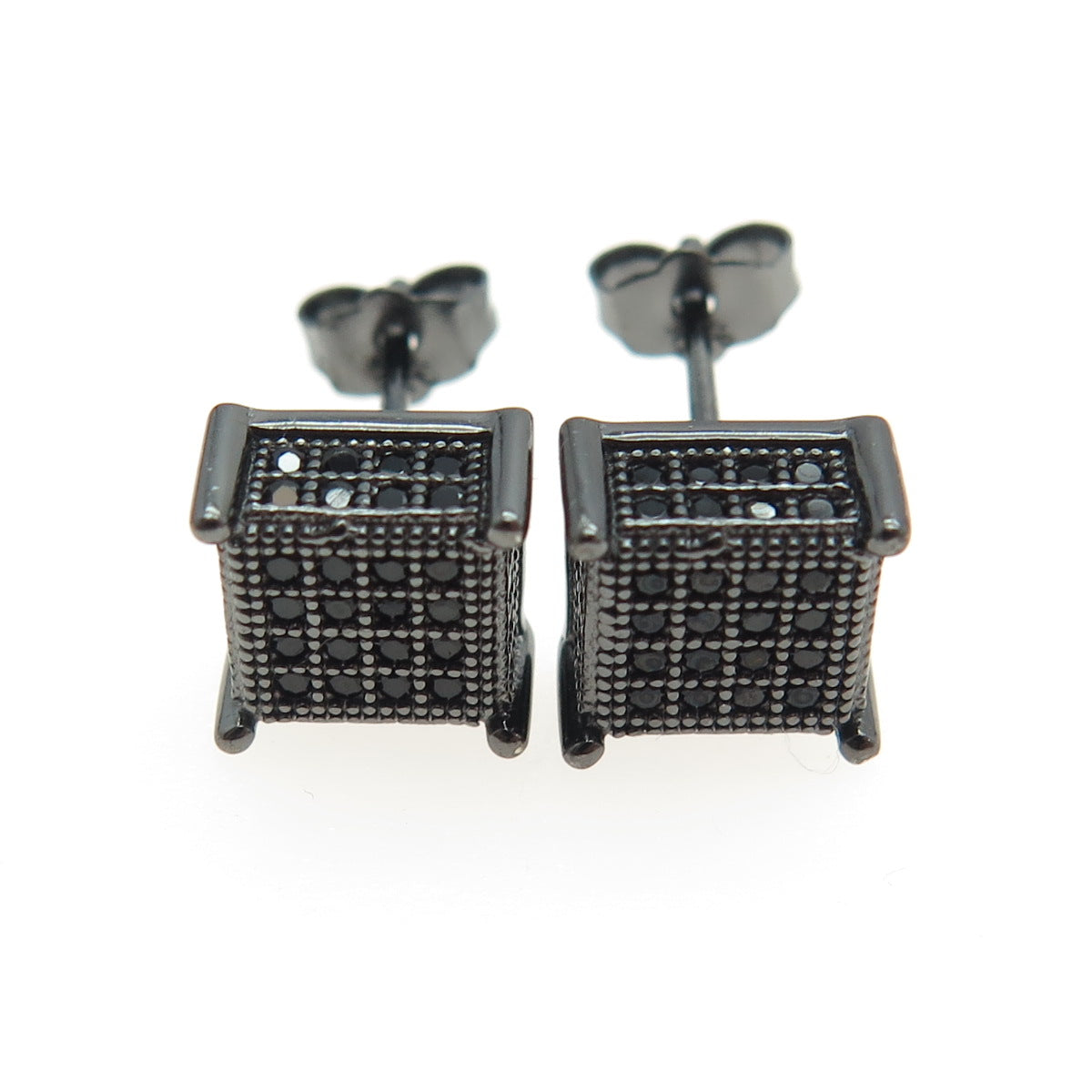 925 Sterling Silver Real Black Spinel Princess Stud Black Rhodium Earrings