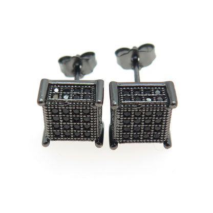 925 Sterling Silver Real Black Spinel Princess Stud Black Rhodium Earrings