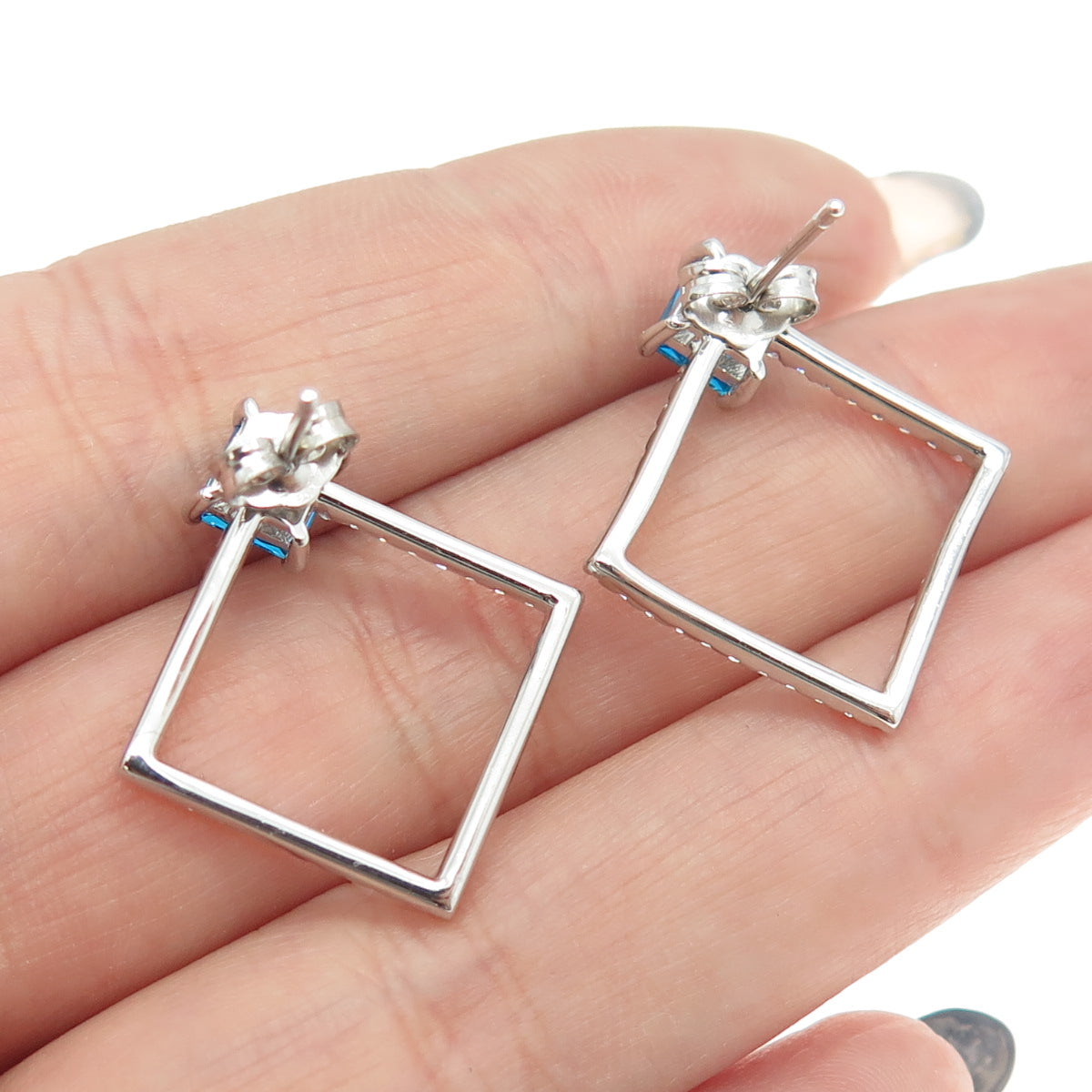 925 Sterling Silver Round & Princess-Cut white Blue C Z Square Earrings