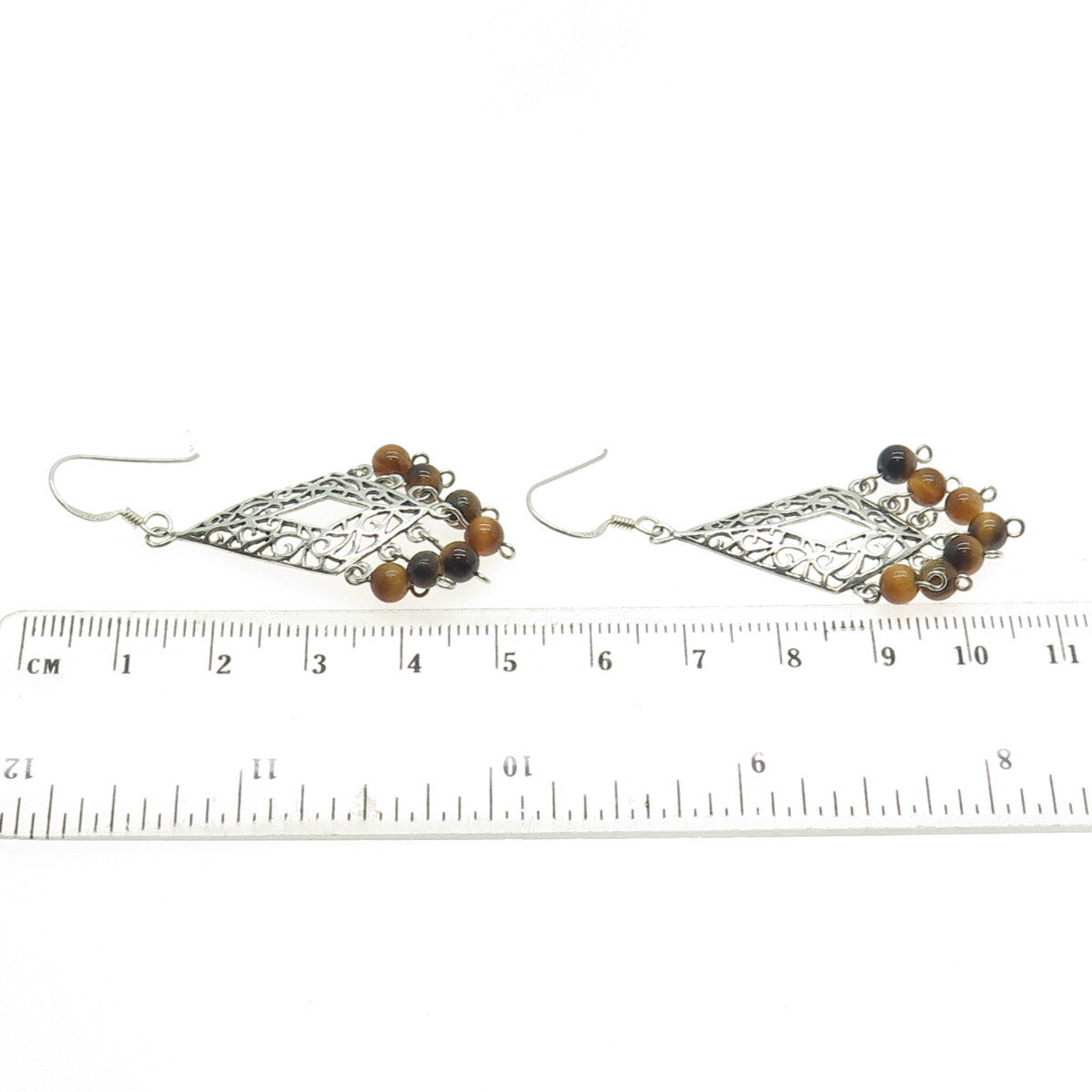 925 Sterling Silver Vintage Real Tiger Eye Gemstone Ornate Chandelier Earrings