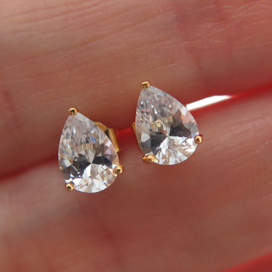 925 Sterling Silver Gold Plated Pear-Cut C Z Teardrop Stud Earrings