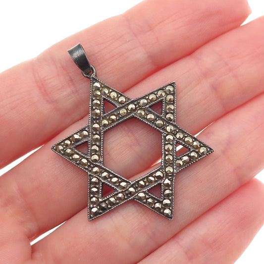 925 Sterling Silver Vintage Real Marcasite Star of David Oxidized Charm Pendant