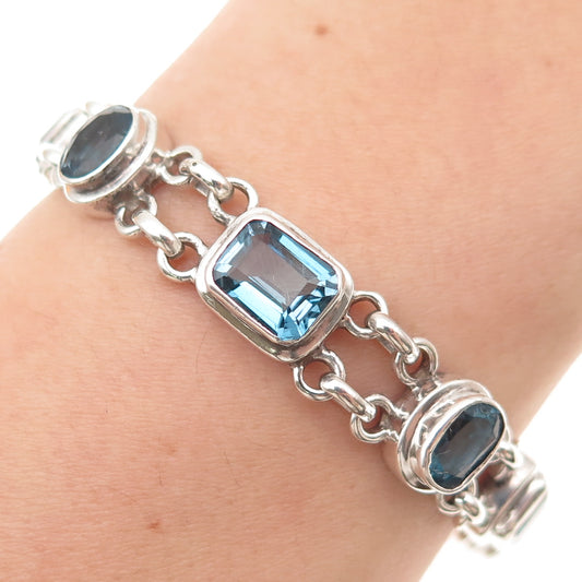 925 Sterling Silver Vintage Real Oval & Emerald-Cut Blue Topaz Bracelet 7"