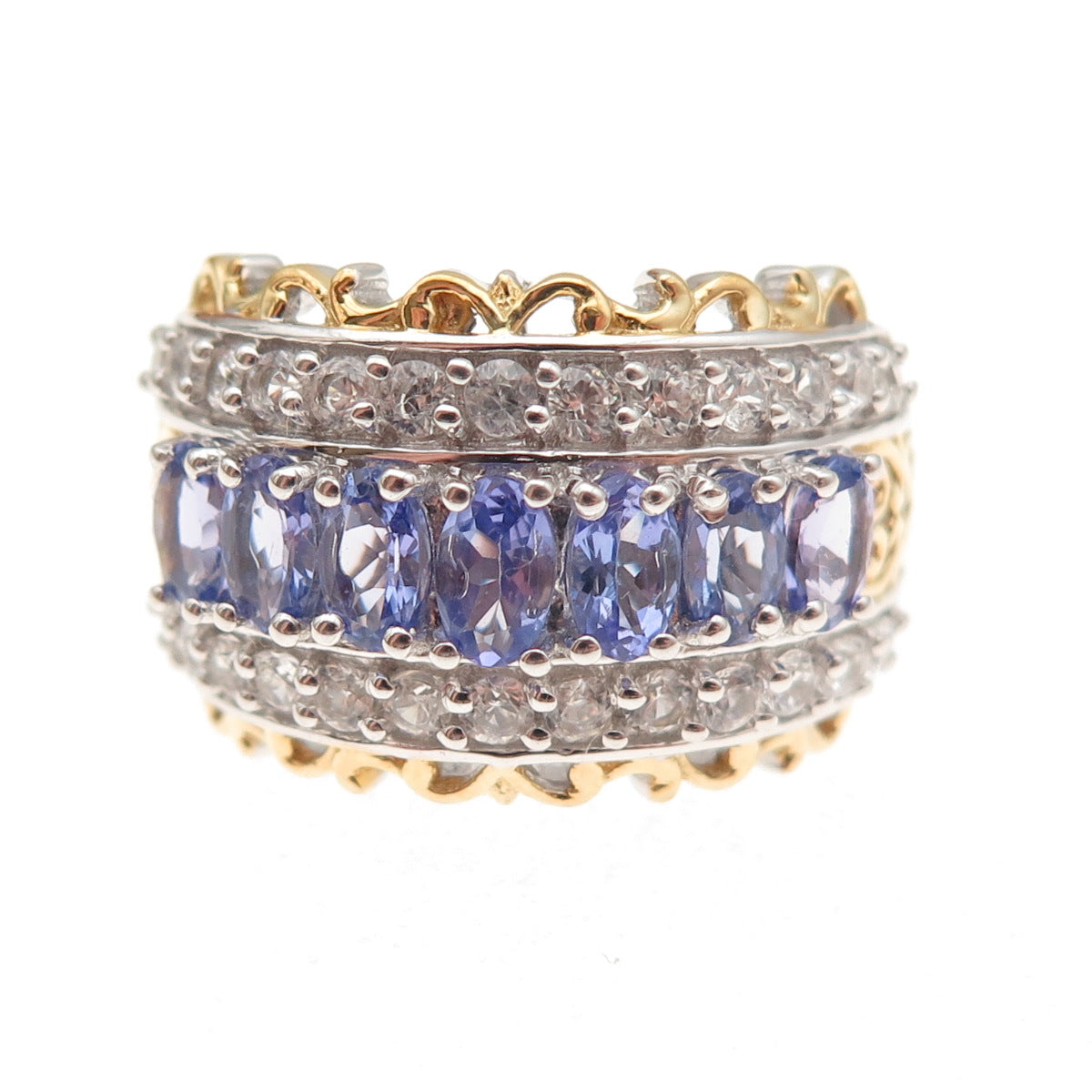 Chuck Clemency 925 Sterling Silver 2-Tone Real Tanzanite White Topaz Ring Size 8