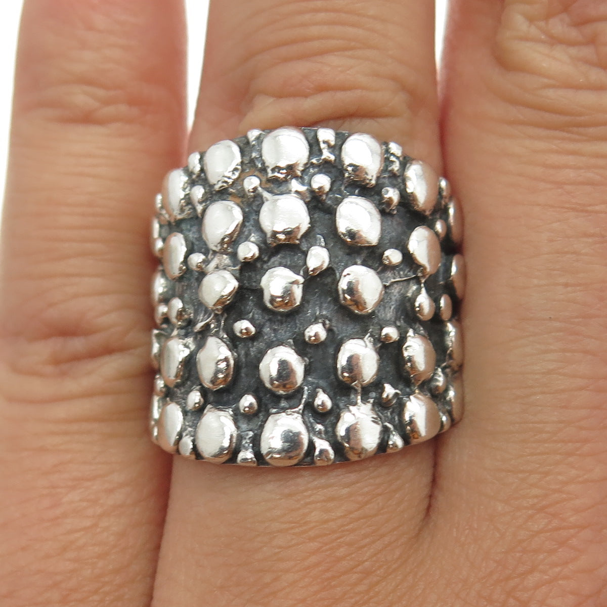 925 Sterling Silver Vintage Mexico Modernist Granulated Oxidized Ring Size 7.5