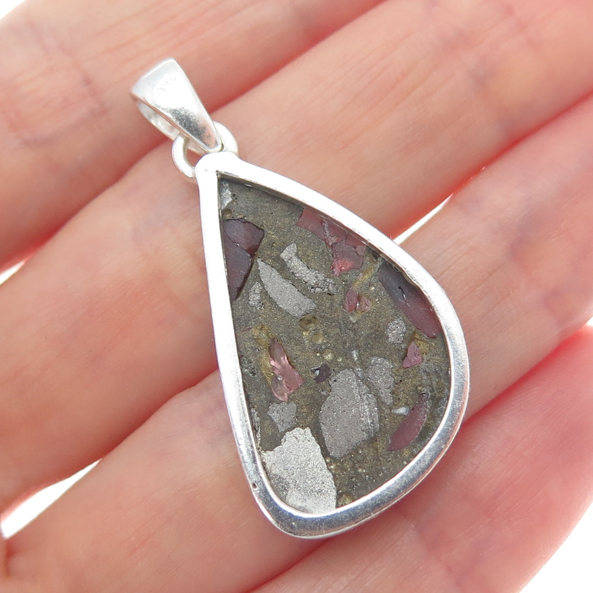 925 Sterling Vintage Real Pyrite Tourmaline & Red Garnet Inlay Modernist Pendant