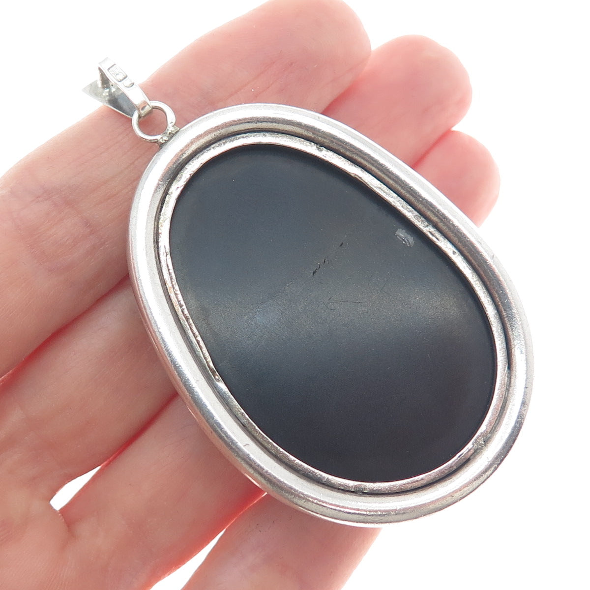 925 Sterling Silver Vintage Poland Black Bakelite Gemstone Large Pendant