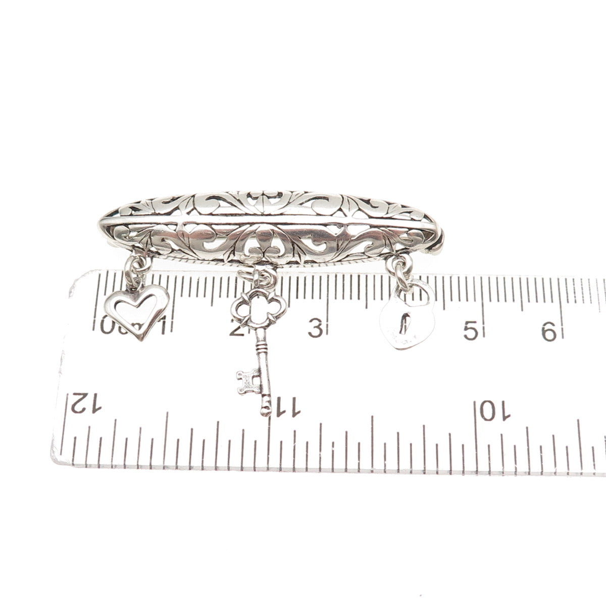 Jezlaine Sterling Silver Vintage Heart Lock Key Dangle Charm Floral Pin Brooch