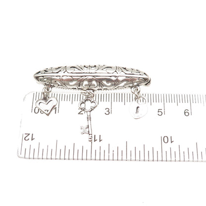 Jezlaine Sterling Silver Vintage Heart Lock Key Dangle Charm Floral Pin Brooch
