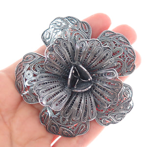 925 Sterling Silver Vintage Mexico Flower Filigree Oxidized Pin Brooch