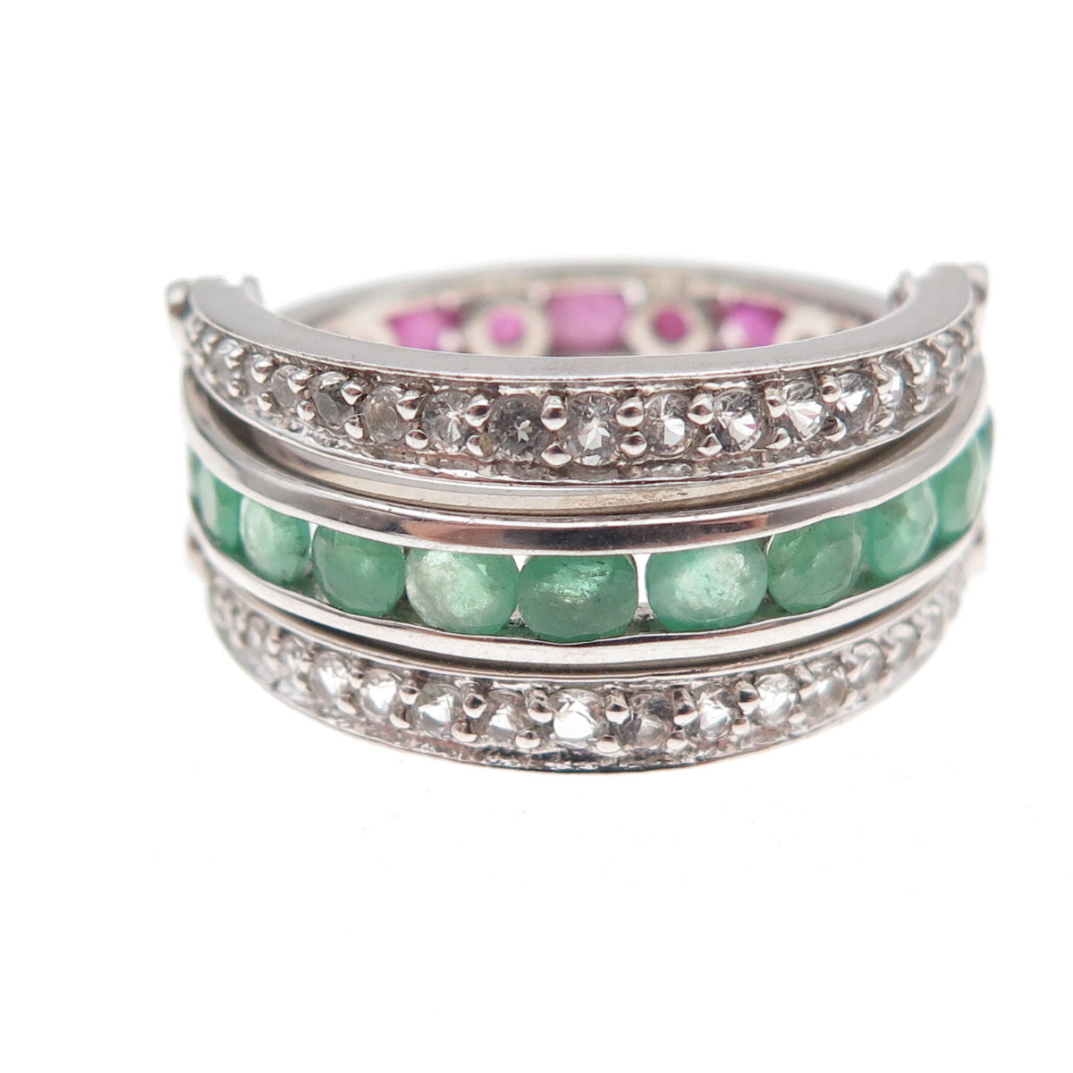 Chuck Clemency 925 Sterling Real Ruby Topaz Emerald Rotating Band Ring Size 7.5