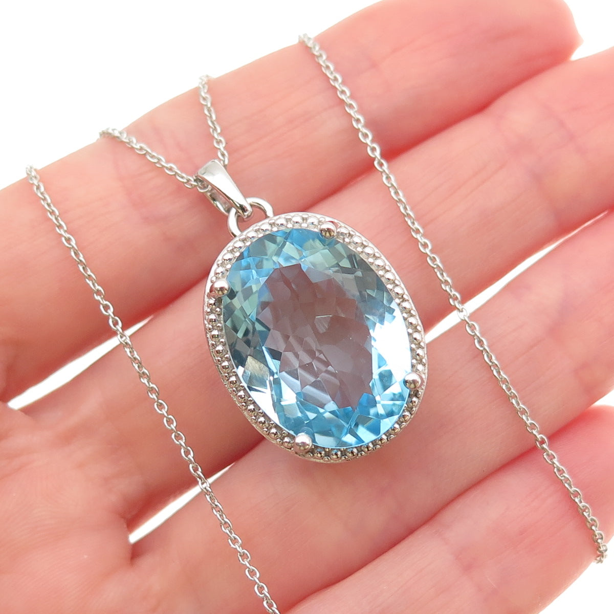 925 Sterling Silver Real Oval-Cut Blue Topaz Cable Chain Necklace 18"
