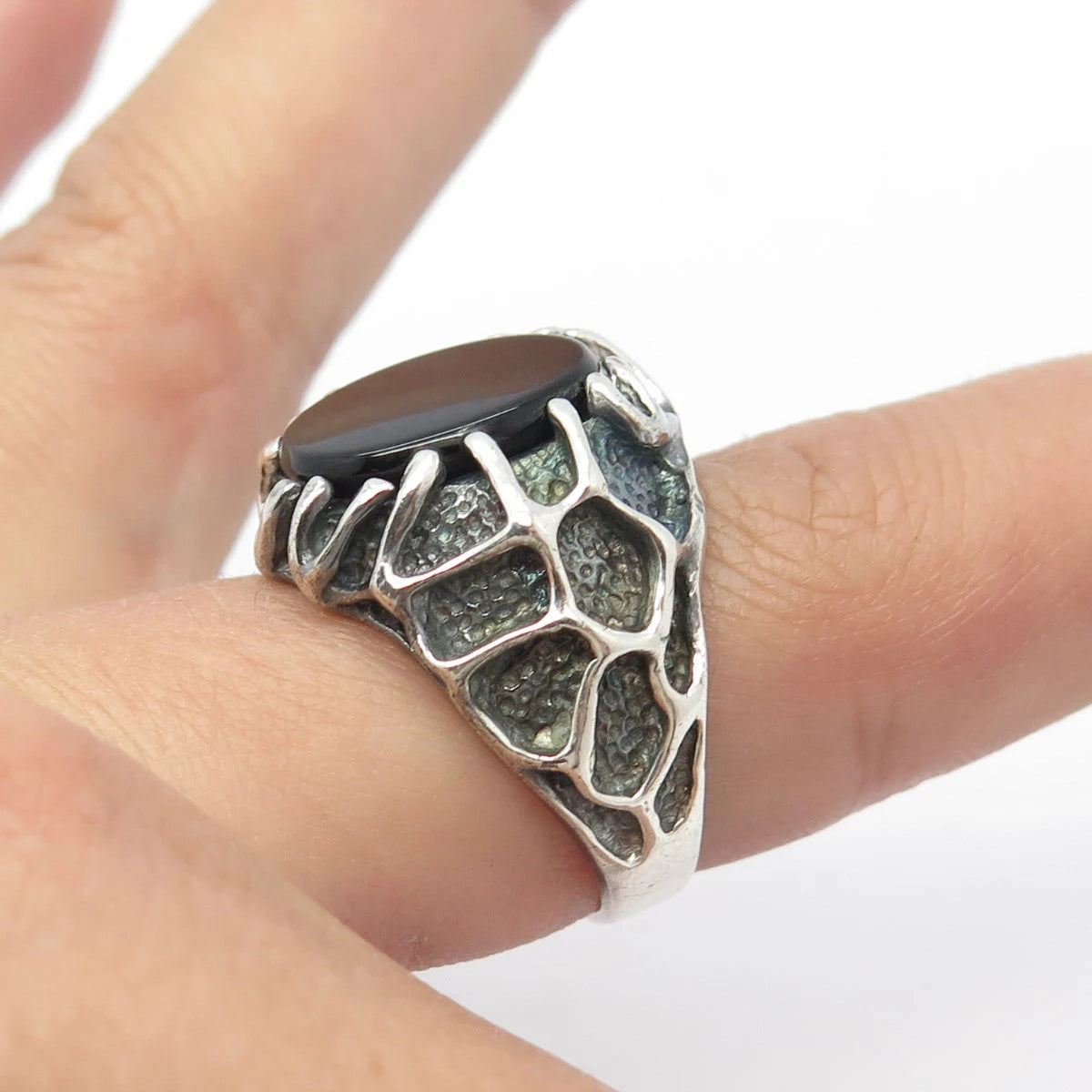 925 Sterling Silver Vintage Real Black Onyx Gem Hammered Ring Size 9