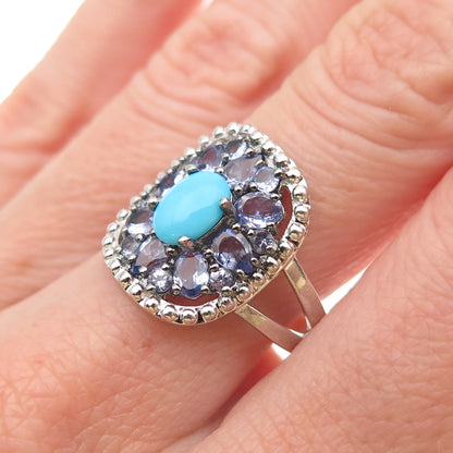 925 Sterling Silver Real Turquoise & Tanzanite Floral Ring Size 7.25