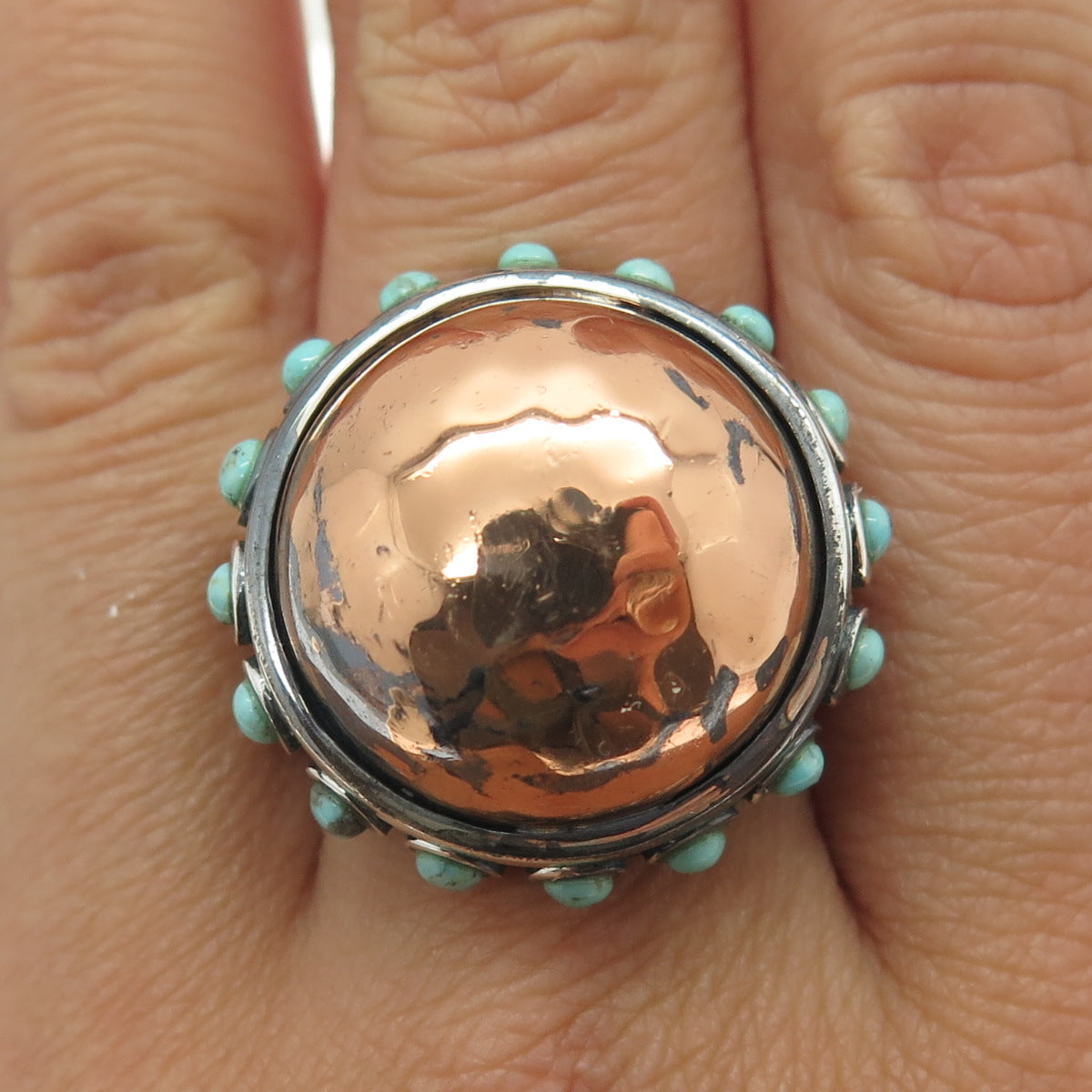 BARSE 925 Sterling Silver 2-Tone Vintage Real Turquoise Dome Ring Size 9.75