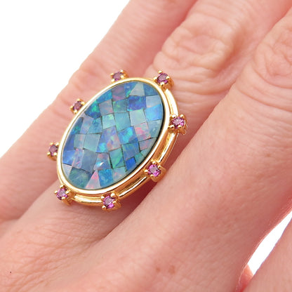 Dasan 925 Sterling Silver Gold Plated Real Opal & Amethyst Mosaic Ring Size 6