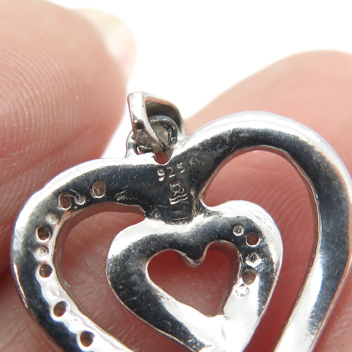 925 Sterling Silver Real Round-Cut Diamond Double Heart Pendant