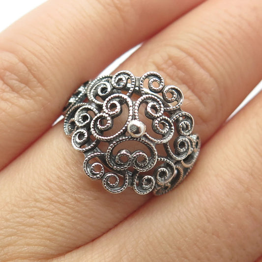 925 Sterling Silver Vintage Beau Swirl Heart Adjustable Ring Size 6