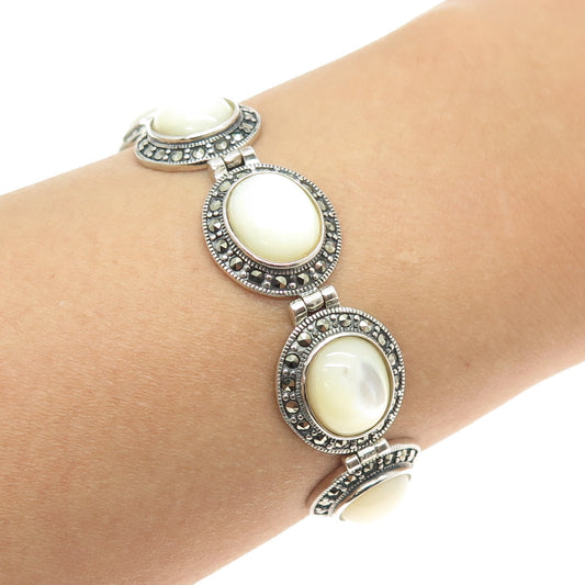 925 Sterling Silver Vintage Real Mother-of-Pearl & Marcasite Gem Bracelet 7.75"