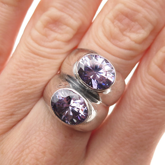 925 Sterling Silver Vintage Lavender C Z Modernist Oxidized Ring Size 6.25