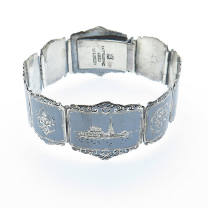 THAI NAKON 925 Sterling Silver Antique Siam Niello Hindu Oxidized Bracelet 7"