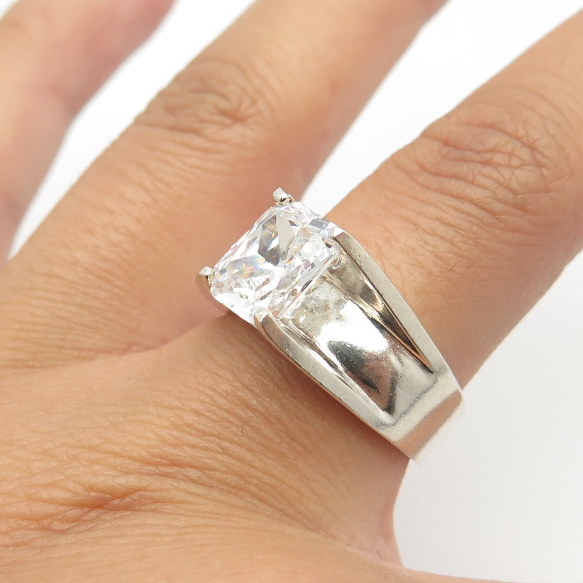 925 Sterling Silver Vintage Emerald-Cut C Z Engagement Ring Size 8.75