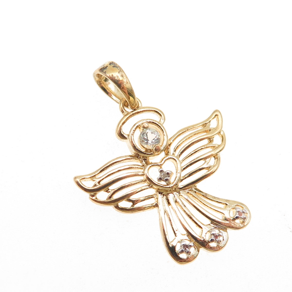 925 Sterling Gold Plated Real Diamond Accent & White Topaz Angel Charm Pendant