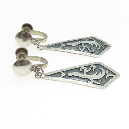 900 Silver Vintage Guatemala Tribal Bird Oxidized Dangle Screw Back Earrings