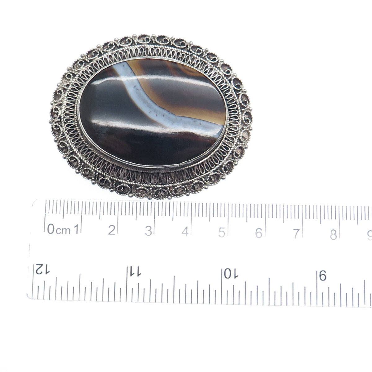 BETHLEHEM H. J. A. 935 Silver Vintage Real Agate Filigree Oxidized Pin Brooch