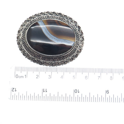 BETHLEHEM H. J. A. 935 Silver Vintage Real Agate Filigree Oxidized Pin Brooch
