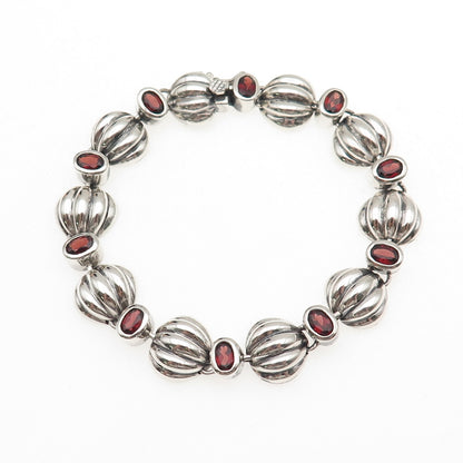 925 Sterling Silver Vintage Real Red Garnet Modernist Shell Link Bracelet 7.75"