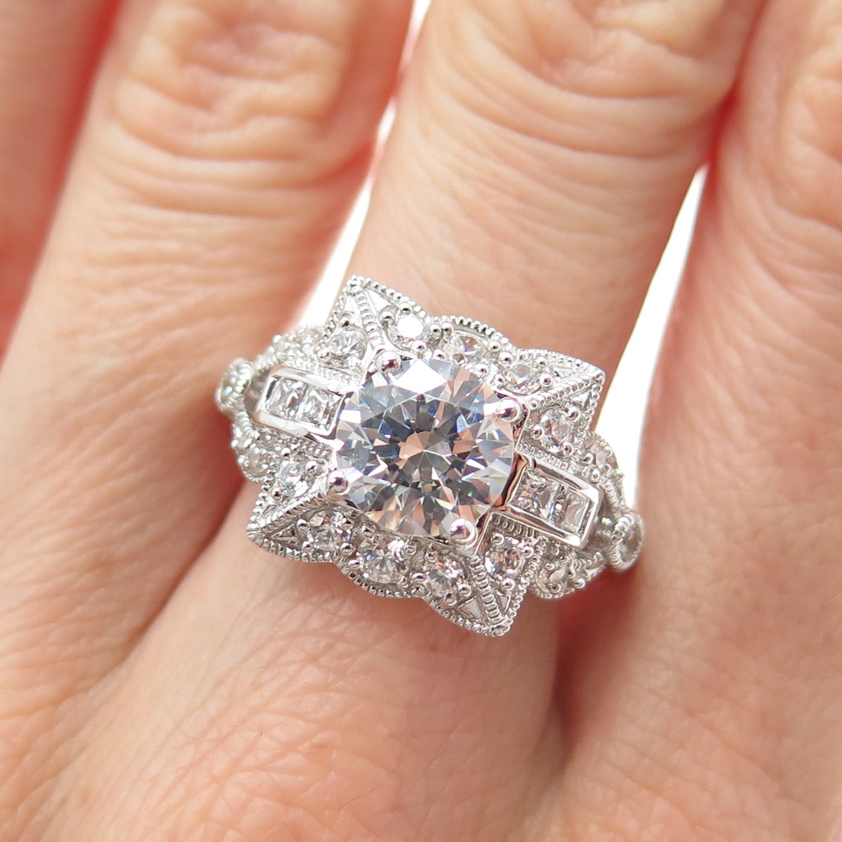 925 Sterling Silver Round & Princess-Cut C Z Sparkle Square Ring Size 9