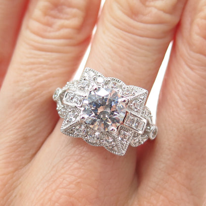 925 Sterling Silver Round & Princess-Cut C Z Sparkle Square Ring Size 9